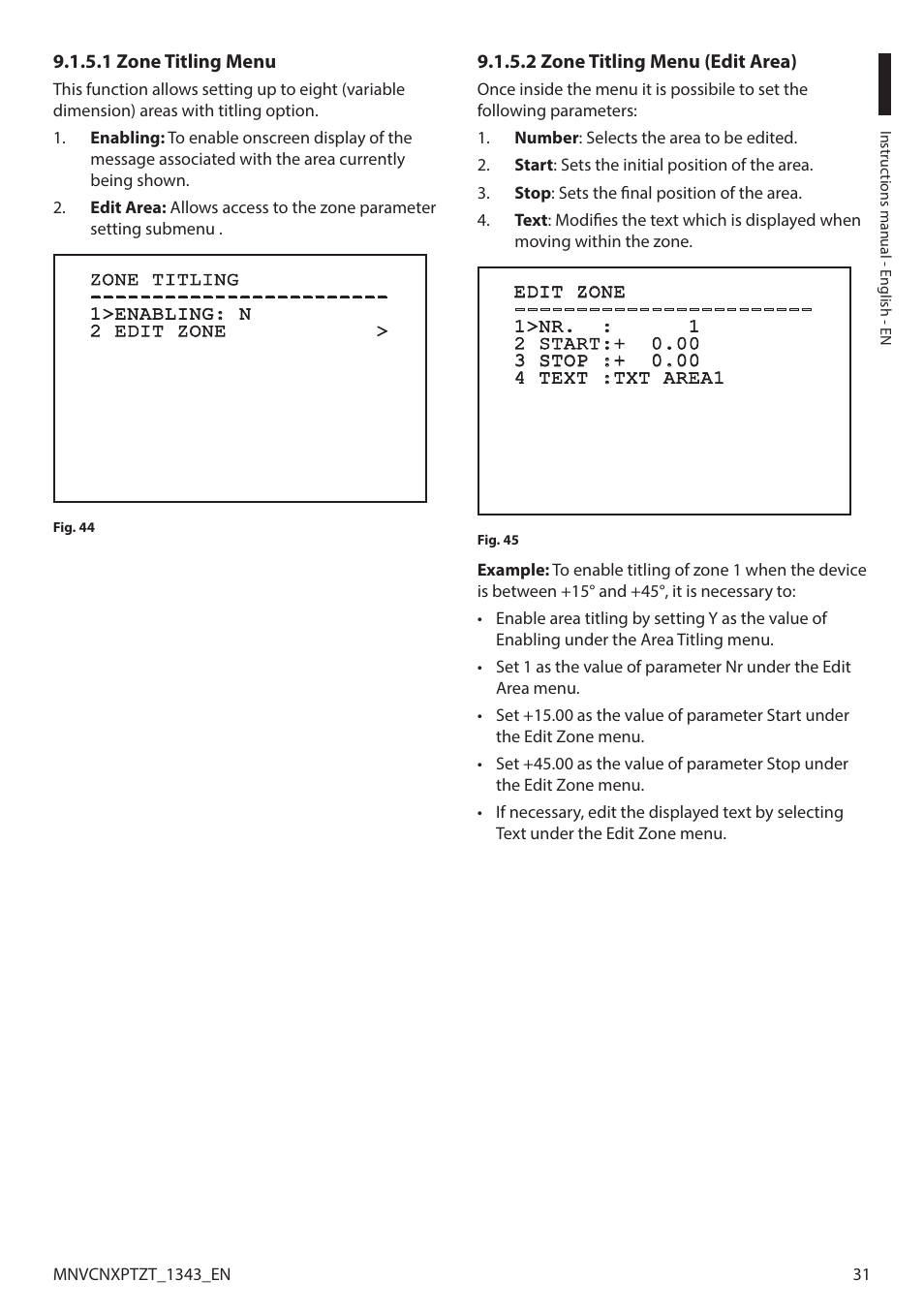 1 zone titling menu, 2 zone titling menu (edit area) | Videotec NXPTZT User Manual | Page 31 / 76