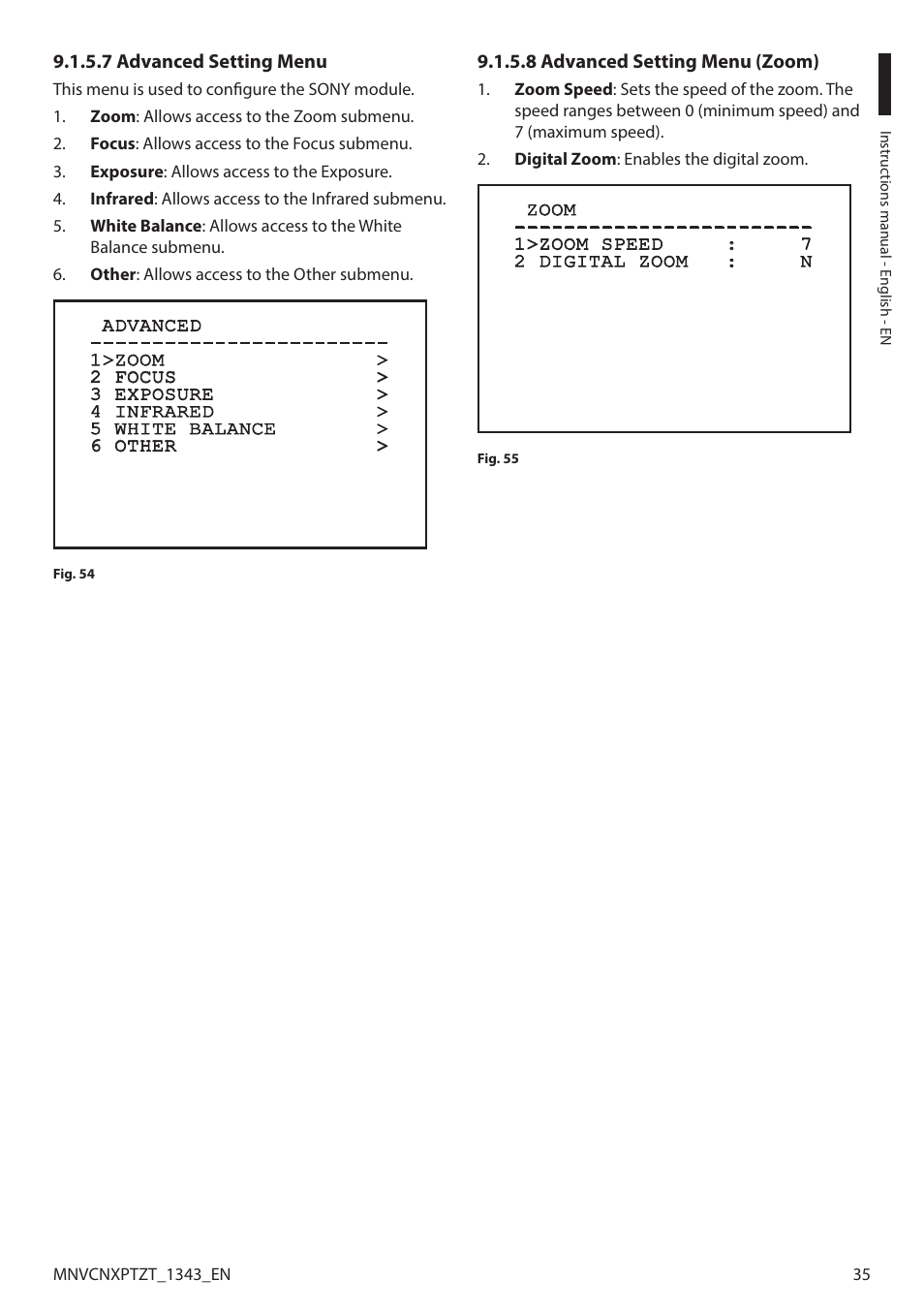 7 advanced setting menu, 8 advanced setting menu (zoom) | Videotec NXPTZT User Manual | Page 35 / 76