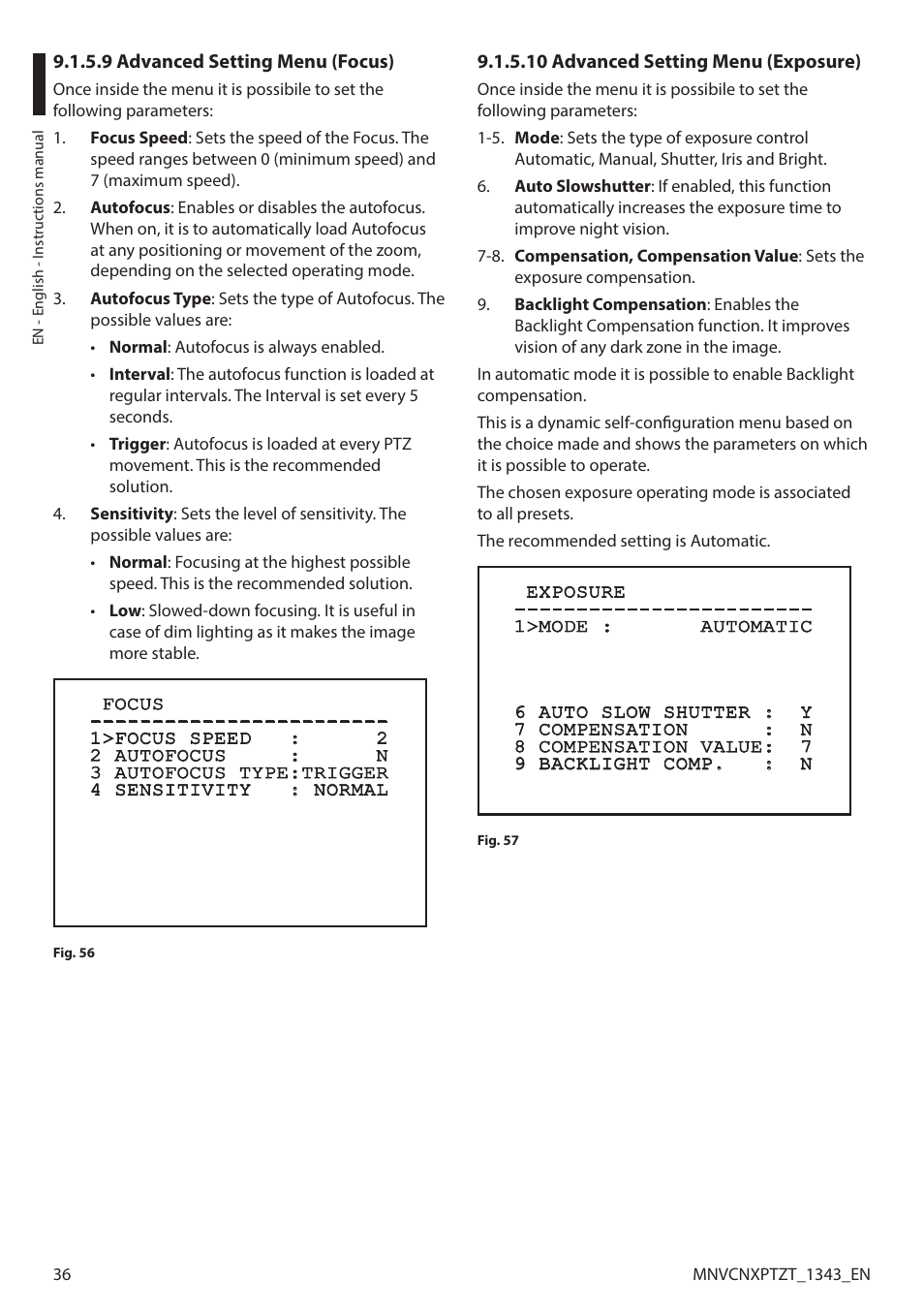 9 advanced setting menu (focus), 10 advanced setting menu (exposure) | Videotec NXPTZT User Manual | Page 36 / 76