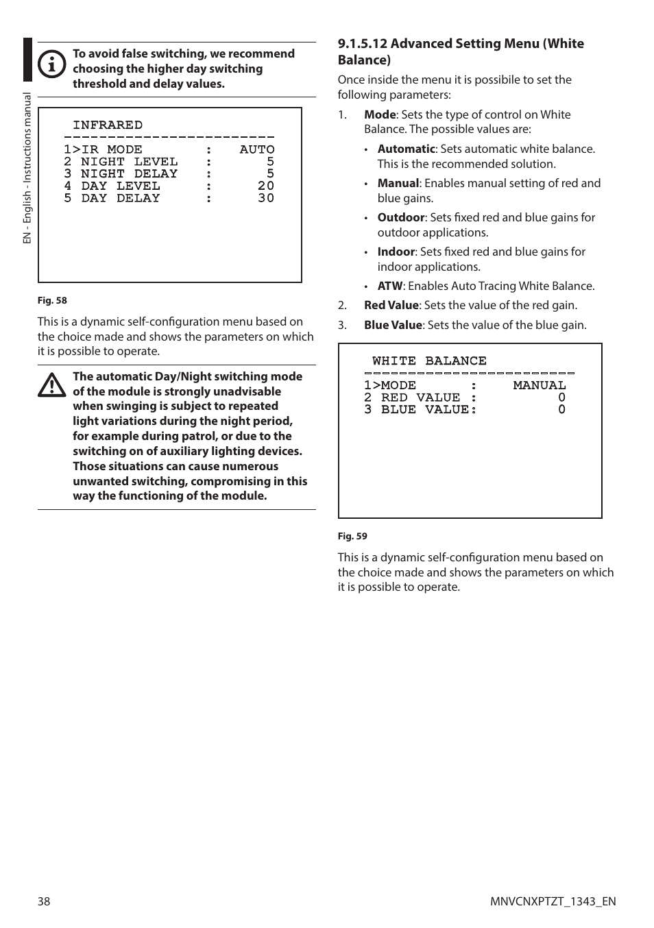 12 advanced setting menu (white balance) | Videotec NXPTZT User Manual | Page 38 / 76