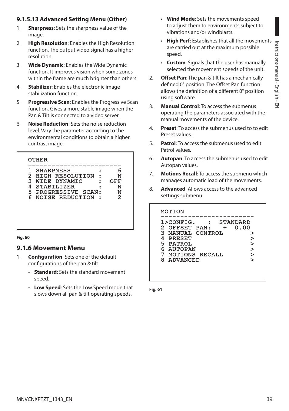 13 advanced setting menu (other), 6 movement menu | Videotec NXPTZT User Manual | Page 39 / 76