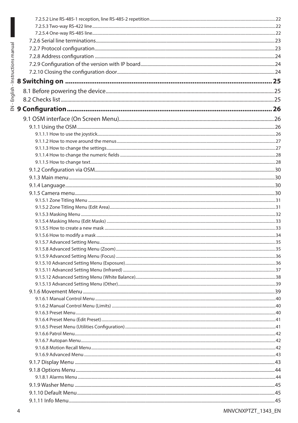 8 switching on, 9 configuration | Videotec NXPTZT User Manual | Page 4 / 76