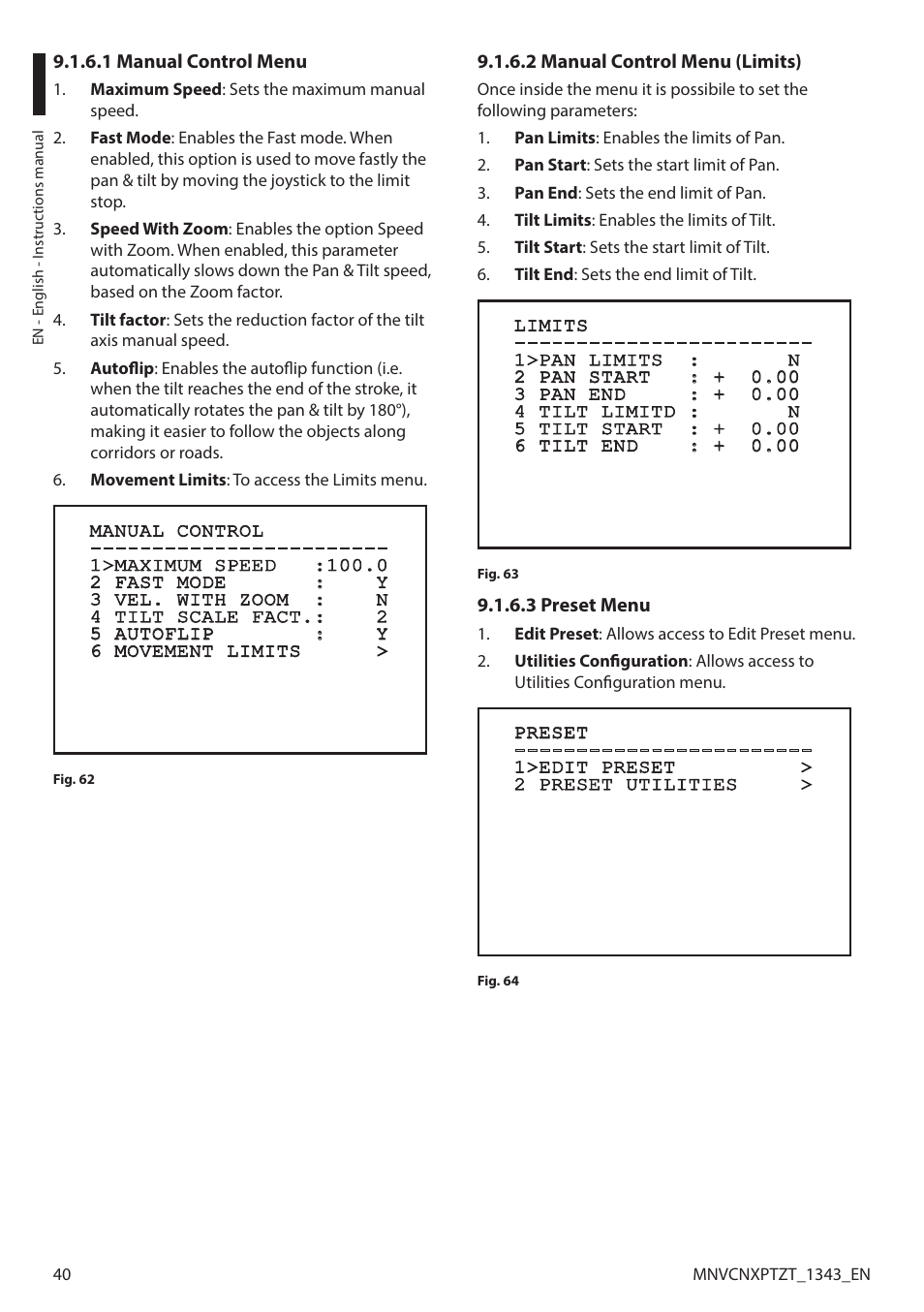 1 manual control menu, 2 manual control menu (limits), 3 preset menu | Videotec NXPTZT User Manual | Page 40 / 76