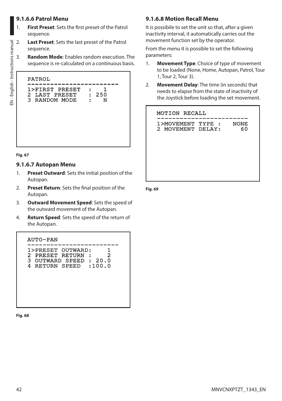 6 patrol menu, 7 autopan menu, 8 motion recall menu | Videotec NXPTZT User Manual | Page 42 / 76