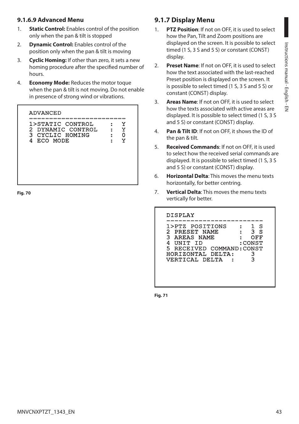 9 advanced menu, 7 display menu | Videotec NXPTZT User Manual | Page 43 / 76