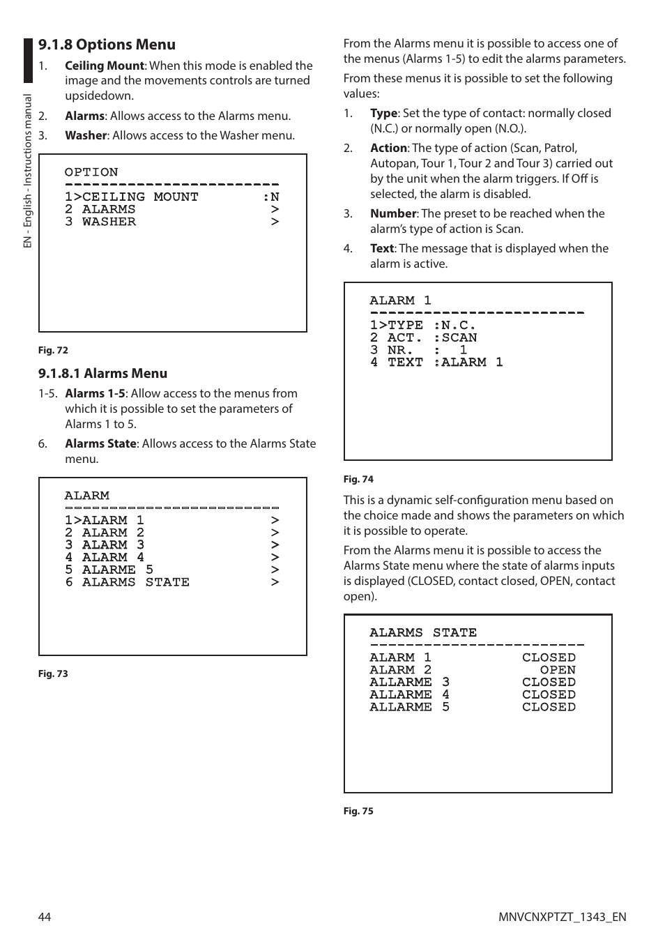8 options menu, 1 alarms menu | Videotec NXPTZT User Manual | Page 44 / 76