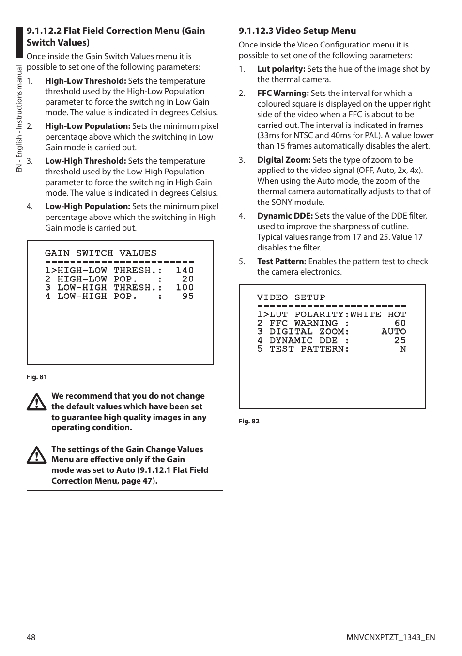2 flat field correction menu (gain switch values), 3 video setup menu | Videotec NXPTZT User Manual | Page 48 / 76