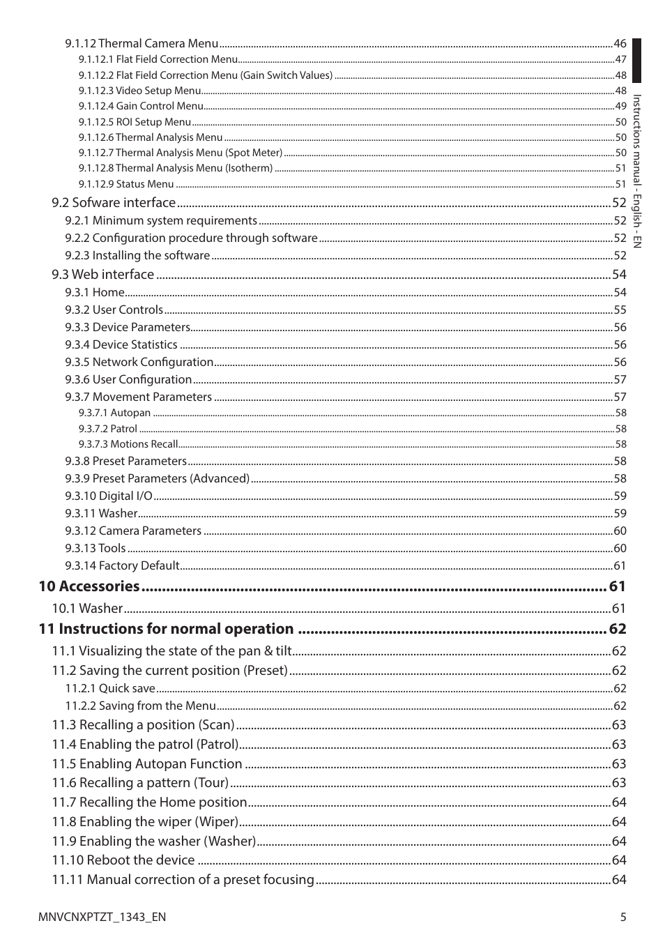 10 accessories, 11 instructions for normal operation | Videotec NXPTZT User Manual | Page 5 / 76