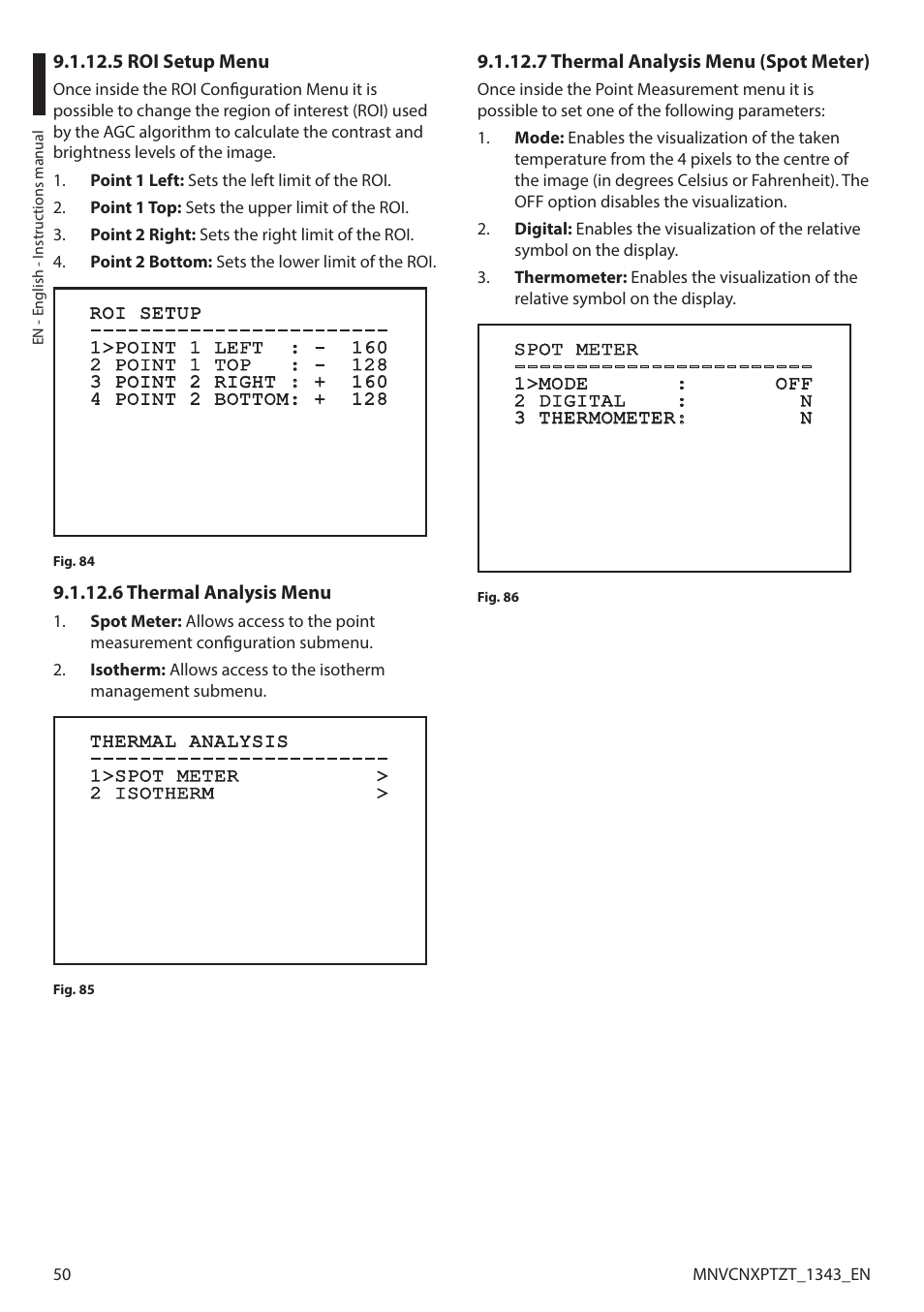 5 roi setup menu, 6 thermal analysis menu, 7 thermal analysis menu (spot meter) | Videotec NXPTZT User Manual | Page 50 / 76