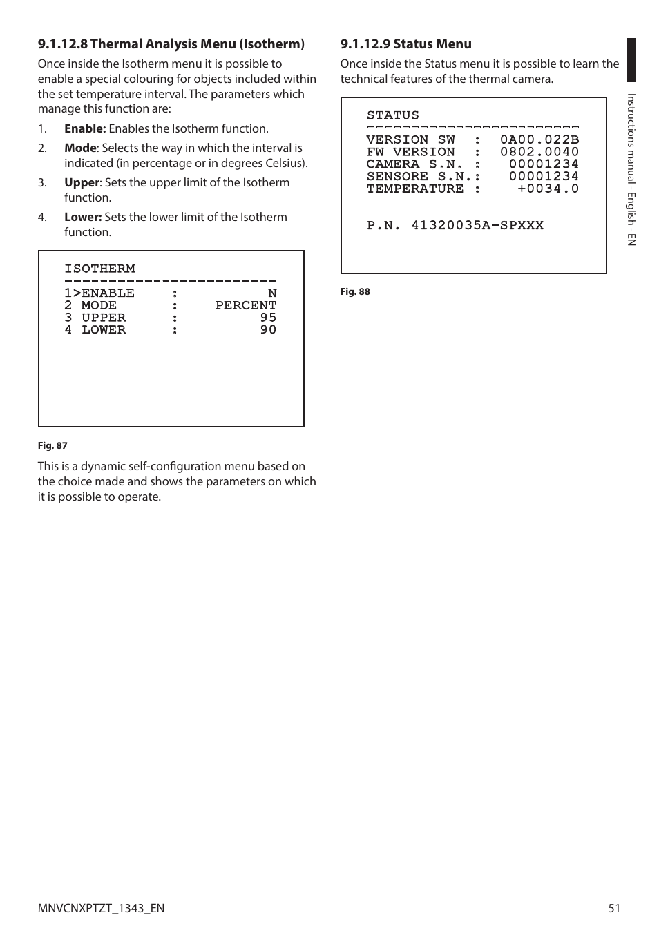 8 thermal analysis menu (isotherm), 9 status menu | Videotec NXPTZT User Manual | Page 51 / 76