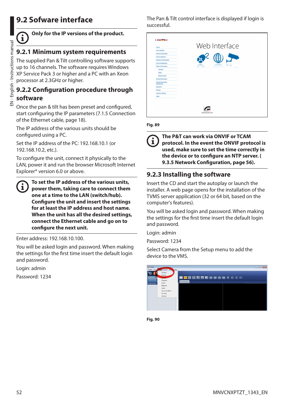 2 sofware interface, 1 minimum system requirements, 2 configuration procedure through software | 3 installing the software | Videotec NXPTZT User Manual | Page 52 / 76