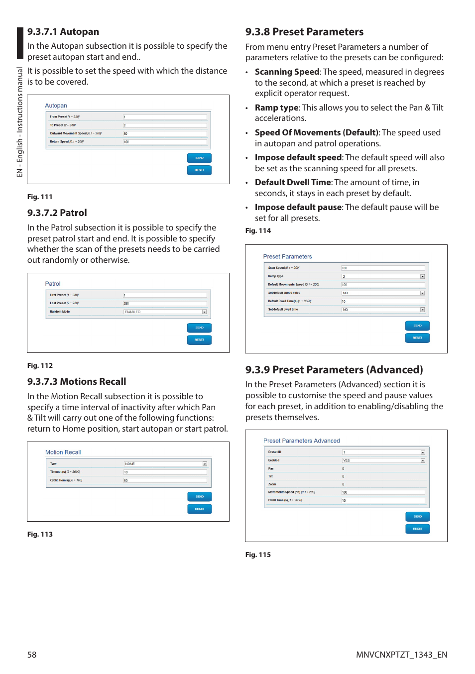 1 autopan, 2 patrol, 3 motions recall | 8 preset parameters, 9 preset parameters (advanced), 1 autopan 9.3.7.2 patrol 9.3.7.3 motions recall | Videotec NXPTZT User Manual | Page 58 / 76