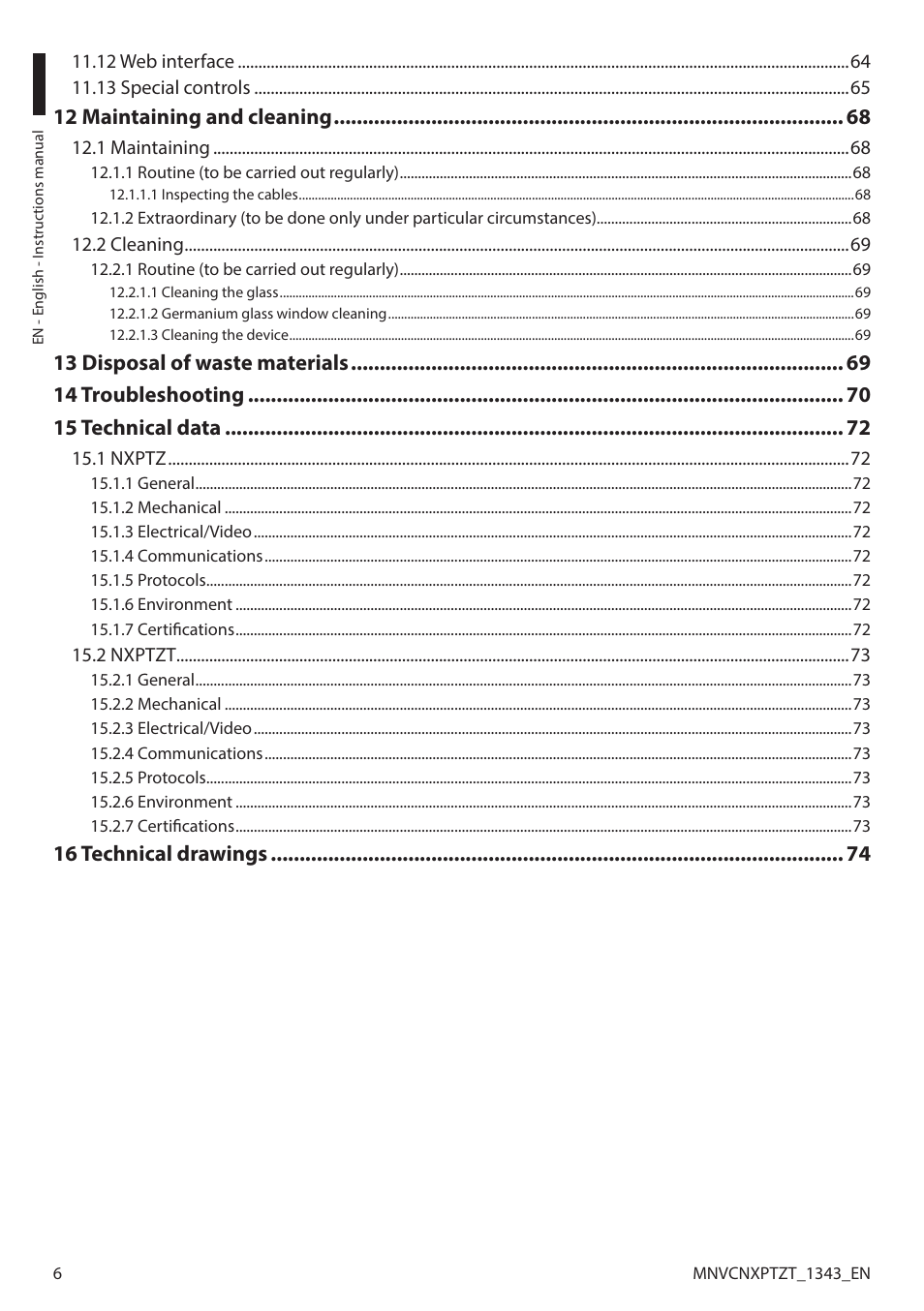 12 maintaining and cleaning, 16 technical drawings | Videotec NXPTZT User Manual | Page 6 / 76