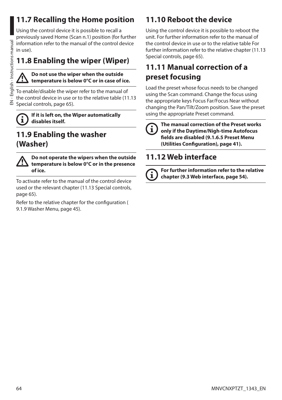 7 recalling the home position, 8 enabling the wiper (wiper), 9 enabling the washer (washer) | 10 reboot the device, 11 manual correction of a preset focusing, 12 web interface | Videotec NXPTZT User Manual | Page 64 / 76