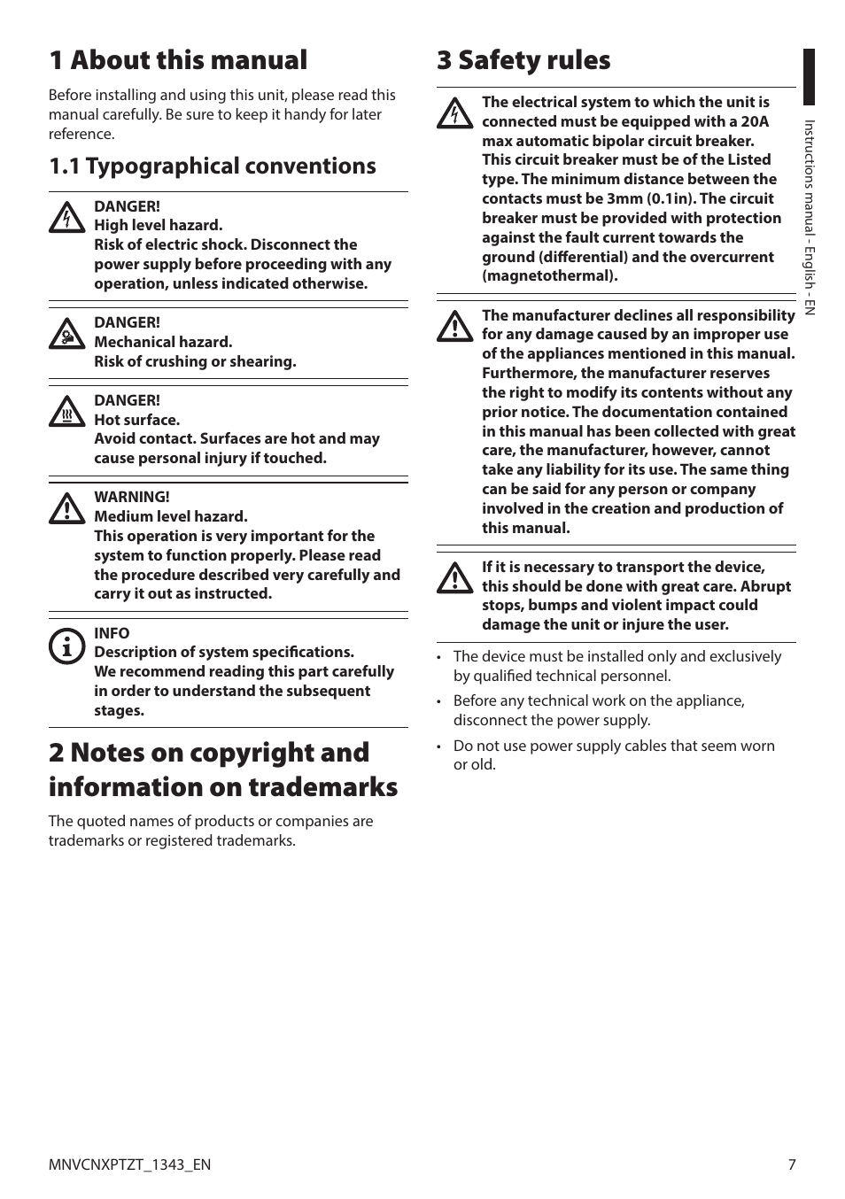 1 about this manual, 1 typographical conventions, 2 notes on copyright and information on trademarks | 3 safety rules | Videotec NXPTZT User Manual | Page 7 / 76
