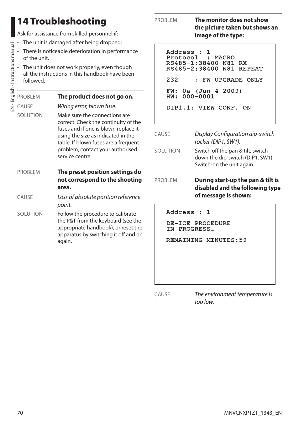 14 troubleshooting | Videotec NXPTZT User Manual | Page 70 / 76