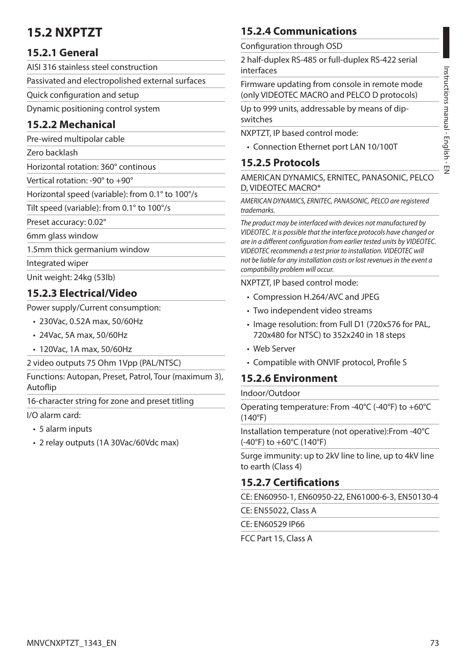 2 nxptzt, 1 general, 2 mechanical | 3 electrical/video, 4 communications, 5 protocols, 6 environment, 7 certifications | Videotec NXPTZT User Manual | Page 73 / 76