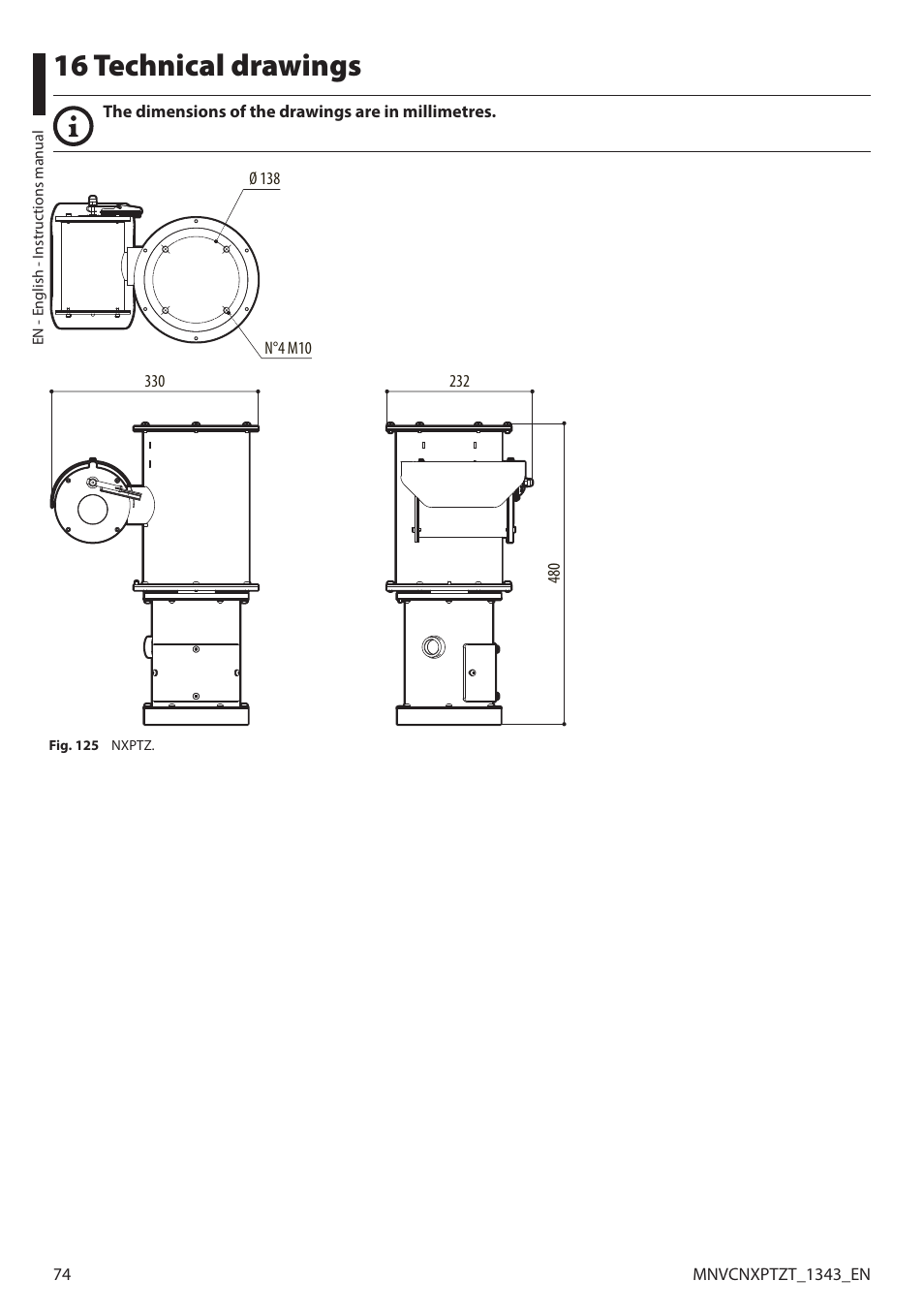 16 technical drawings | Videotec NXPTZT User Manual | Page 74 / 76