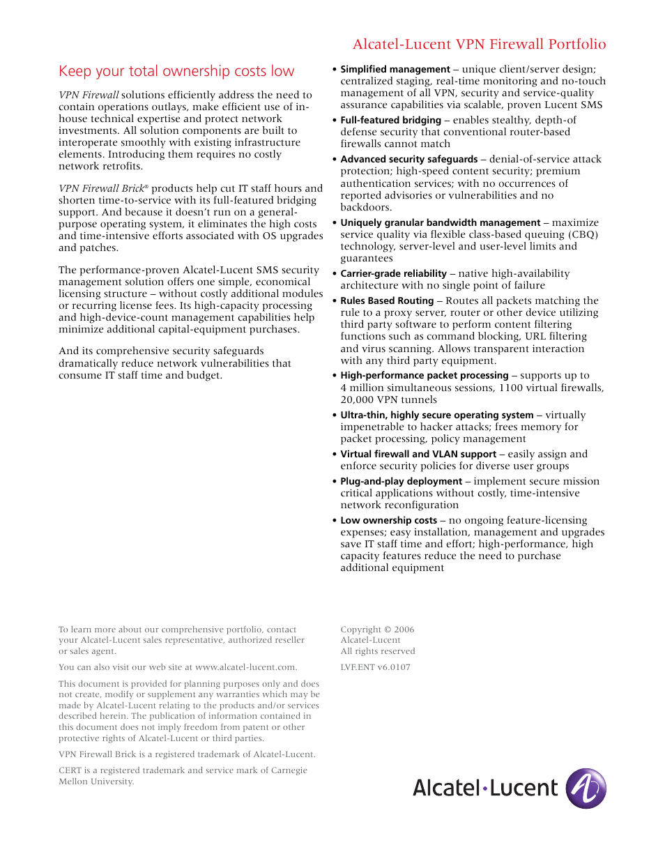 Alcatel-lucent vpn firewall portfolio, Keep your total ownership costs low | Alcatel-Lucent VPN Firewall Portfolio User Manual | Page 4 / 4