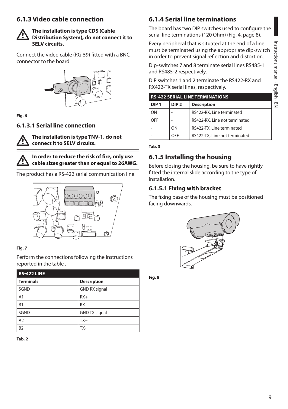 3 video cable connection, 1 serial line connection, 4 serial line terminations | 5 installing the housing, 1 fixing with bracket | Videotec NTC User Manual | Page 11 / 68