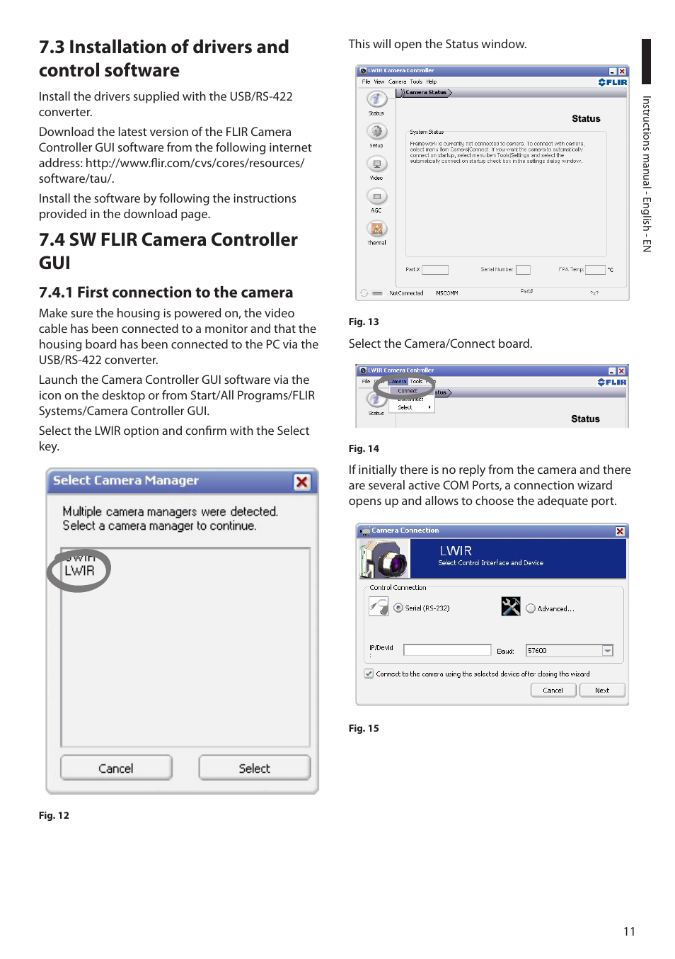 3 installation of drivers and control software, 4 sw flir camera controller gui, 1 first connection to the camera | Videotec NTC User Manual | Page 13 / 68