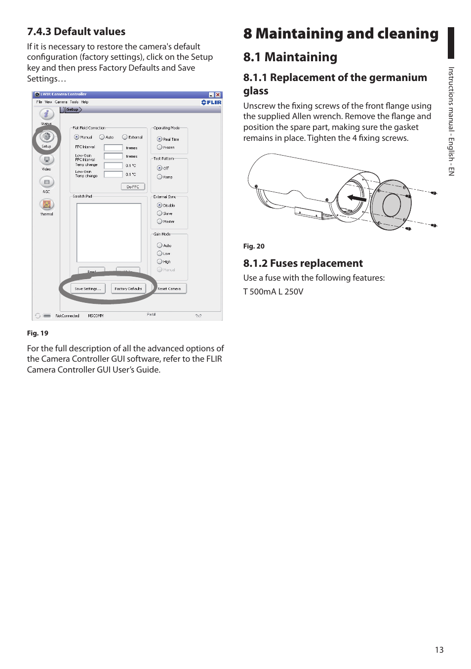 3 default values, 8 maintaining and cleaning, 1 maintaining | 1 replacement of the germanium glass, 2 fuses replacement | Videotec NTC User Manual | Page 15 / 68