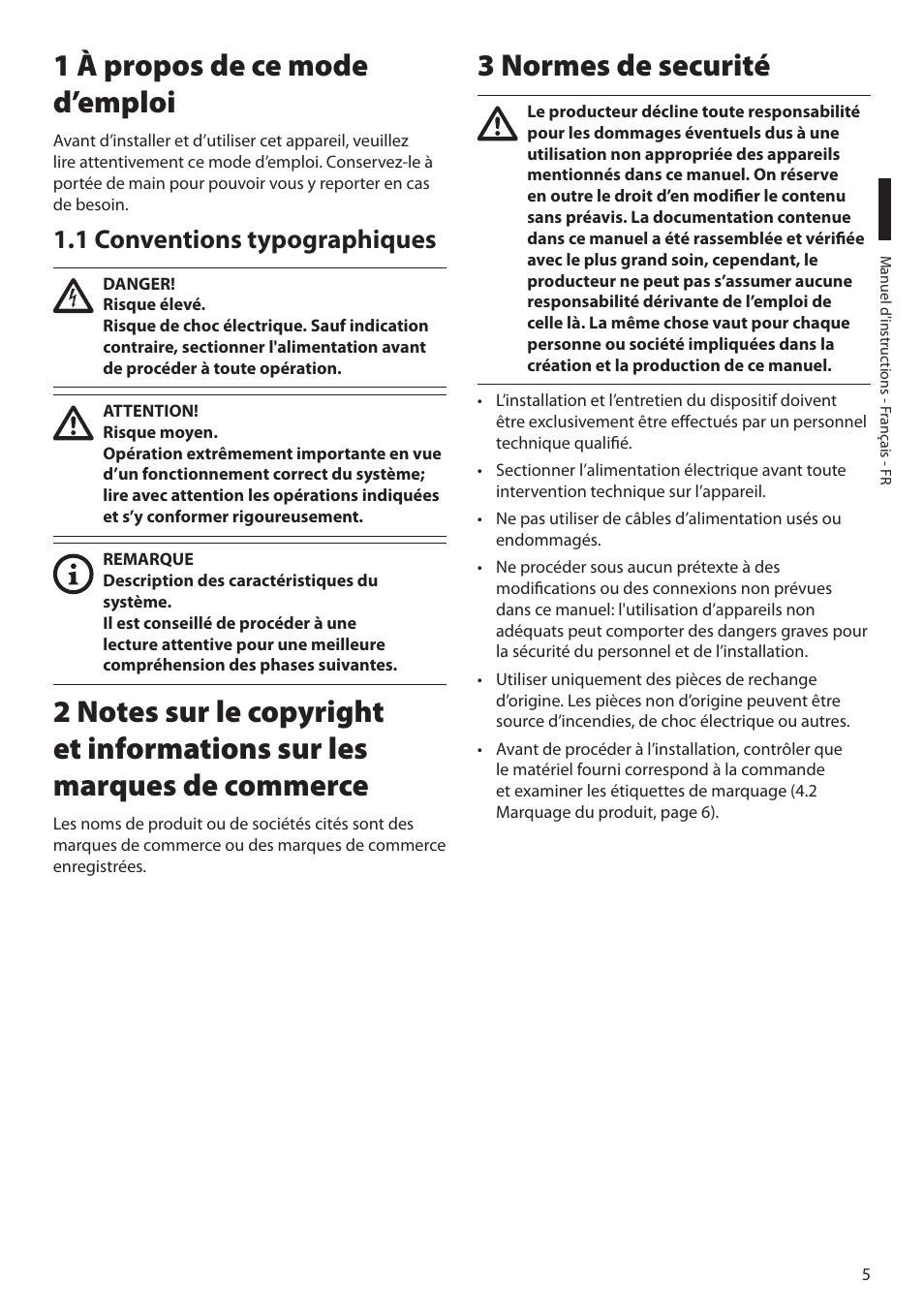 1 à propos de ce mode d’emploi, 1 conventions typographiques, 3 normes de securité | Videotec NTC User Manual | Page 39 / 68