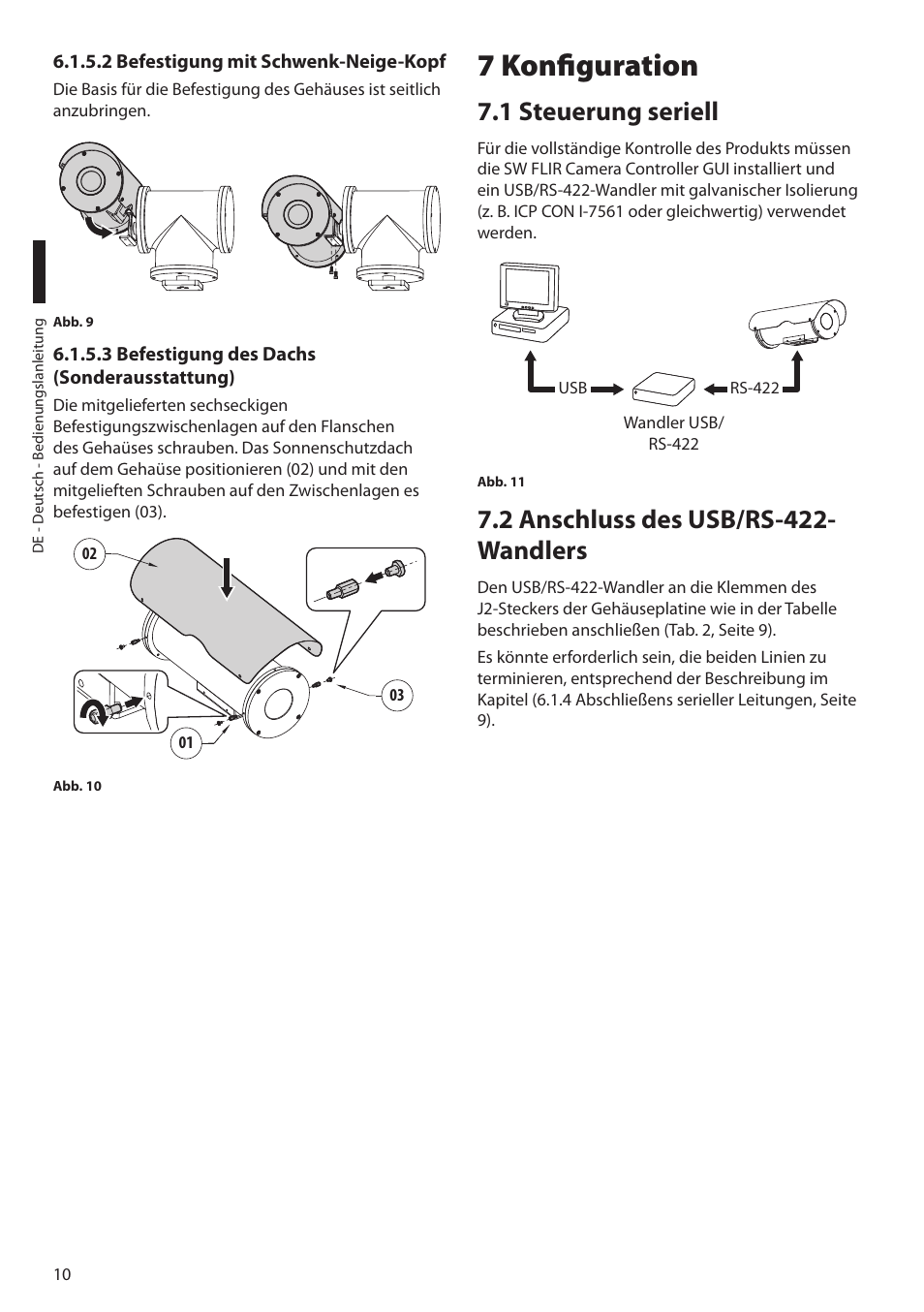 2 befestigung mit schwenk-neige-kopf, 3 befestigung des dachs (sonderausstattung), 7 konfiguration | 1 steuerung seriell, 2 anschluss des usb/rs-422-wandlers, 2 anschluss des usb/rs-422- wandlers | Videotec NTC User Manual | Page 60 / 68
