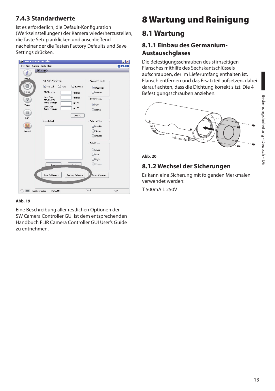 3 standardwerte, 8 wartung und reinigung, 1 wartung | 1 einbau des germanium-austauschglases, 2 wechsel der sicherungen | Videotec NTC User Manual | Page 63 / 68