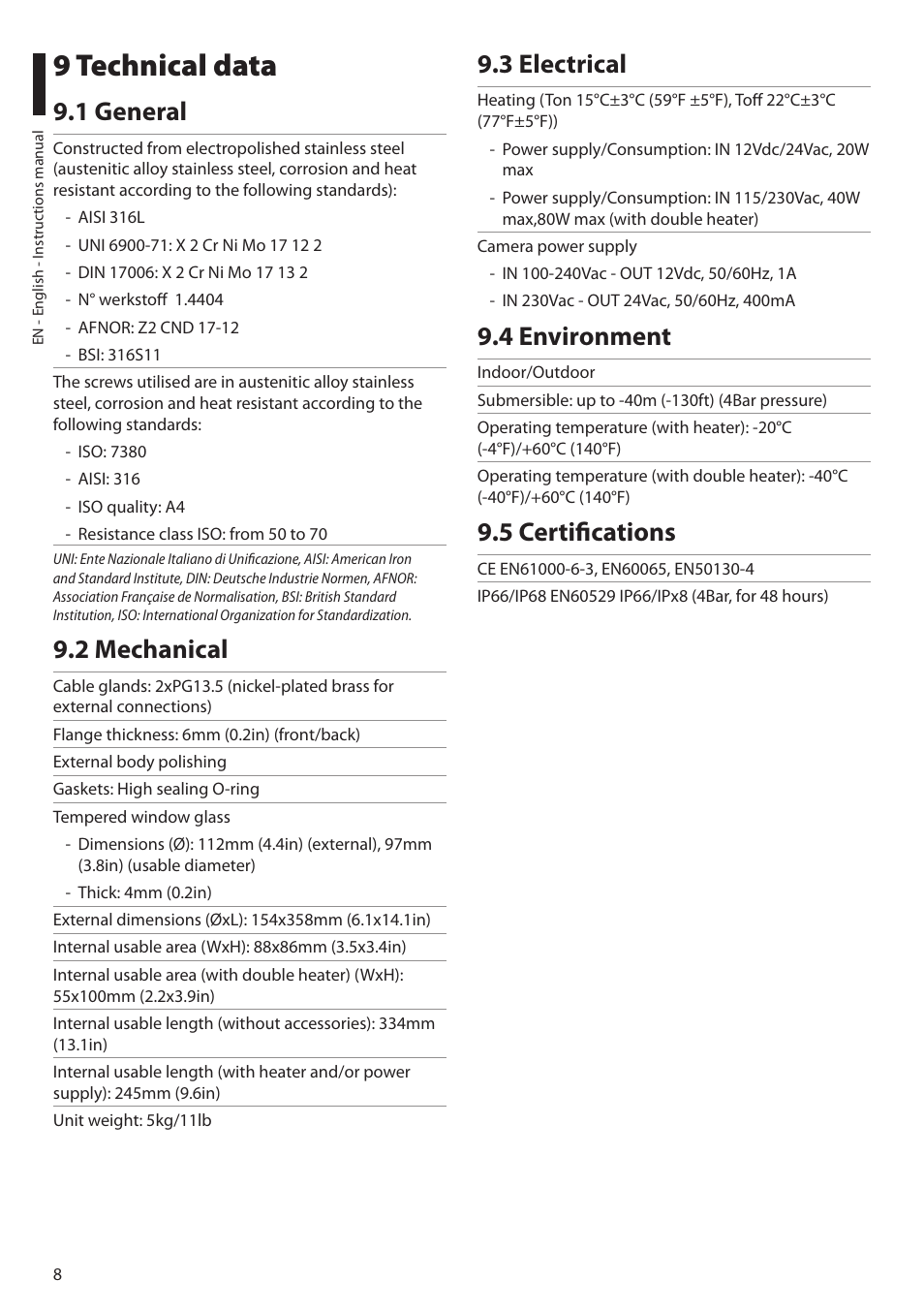 9 technical data, 1 general, 2 mechanical | 3 electrical, 4 environment, 5 certifications | Videotec NXM36 User Manual | Page 10 / 44