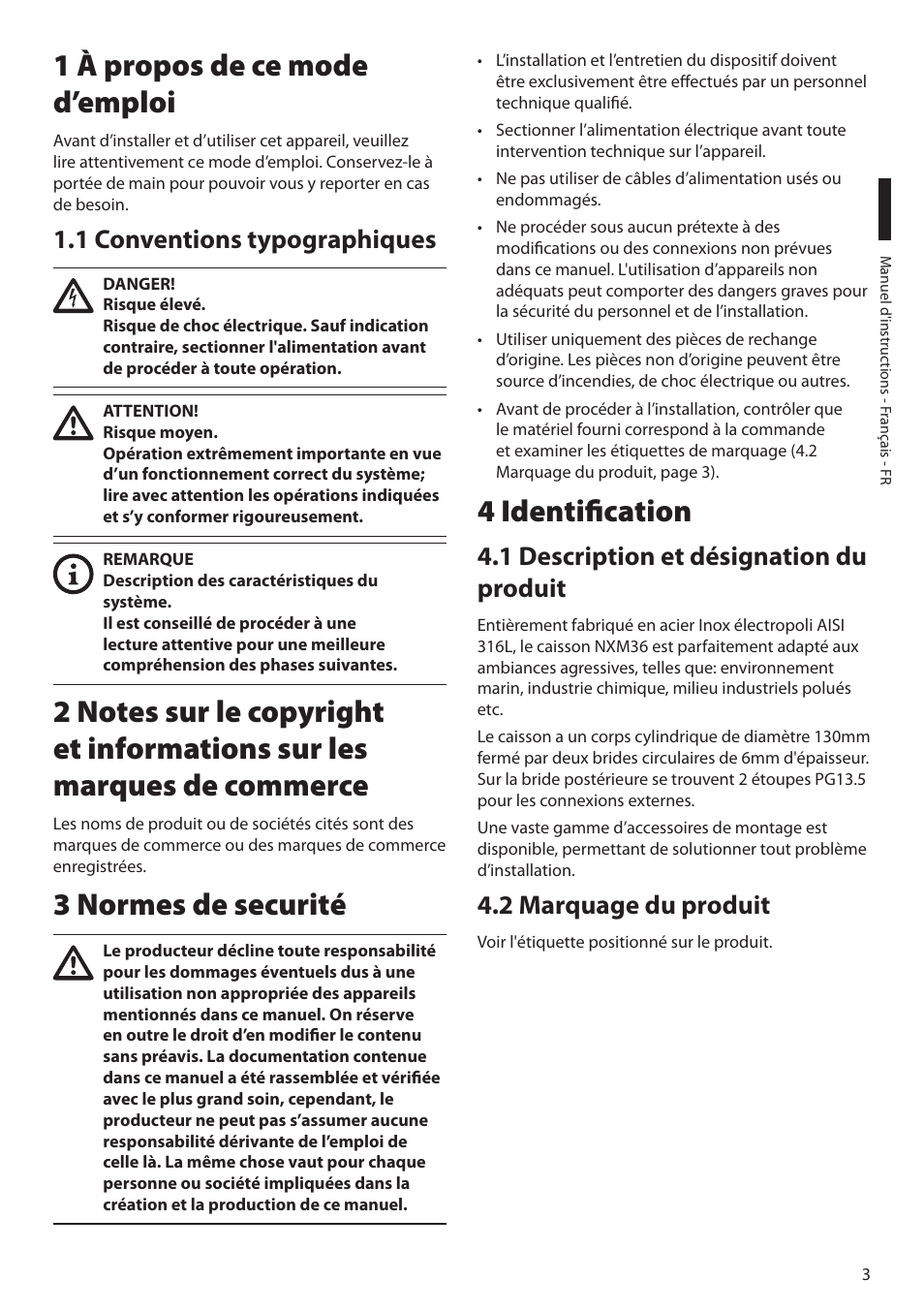 1 à propos de ce mode d’emploi, 1 conventions typographiques, 3 normes de securité | 4 identification, 1 description et désignation du produit, 2 marquage du produit | Videotec NXM36 User Manual | Page 25 / 44