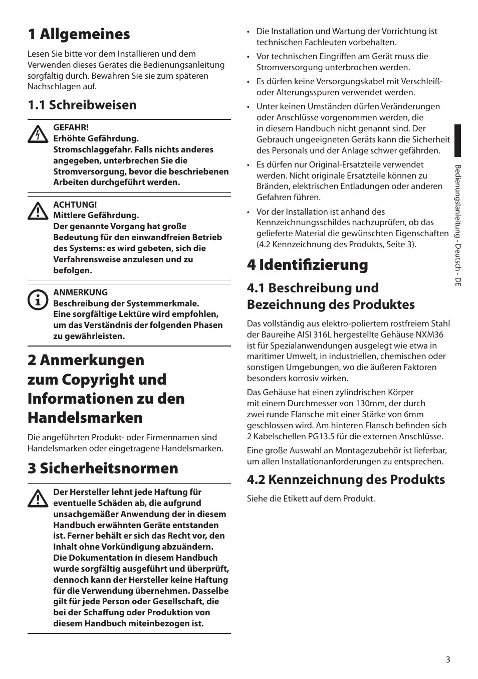 1 allgemeines, 1 schreibweisen, 3 sicherheitsnormen | 4 identifizierung, 1 beschreibung und bezeichnung des produktes, 2 kennzeichnung des produkts | Videotec NXM36 User Manual | Page 35 / 44