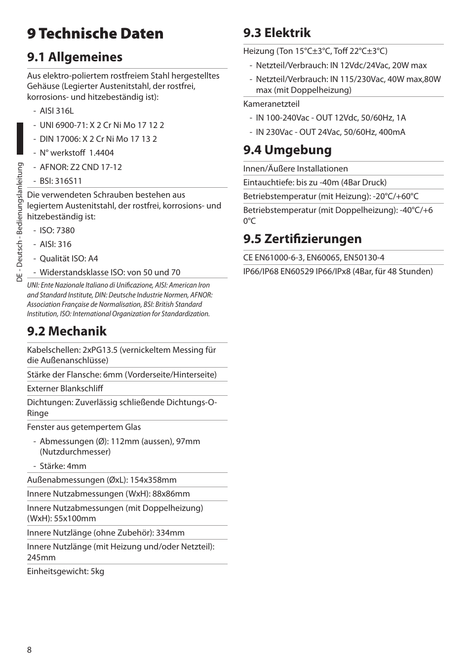 9 technische daten, 1 allgemeines, 2 mechanik | 3 elektrik, 4 umgebung, 5 zertifizierungen | Videotec NXM36 User Manual | Page 40 / 44