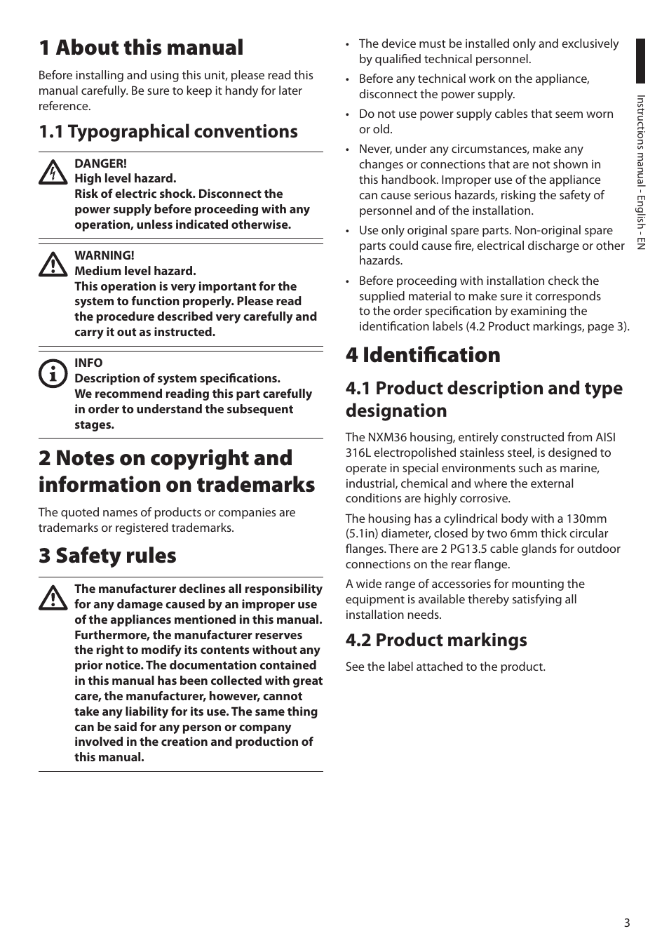 1 about this manual, 1 typographical conventions, 2 notes on copyright and information on trademarks | 3 safety rules, 4 identification, 1 product description and type designation, 2 product markings | Videotec NXM36 User Manual | Page 5 / 44