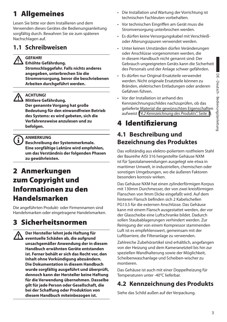 1 allgemeines, 1 schreibweisen, 3 sicherheitsnormen | 4 identifizierung, 1 beschreibung und bezeichnung des produktes, 2 kennzeichnung des produkts | Videotec NXM User Manual | Page 29 / 36