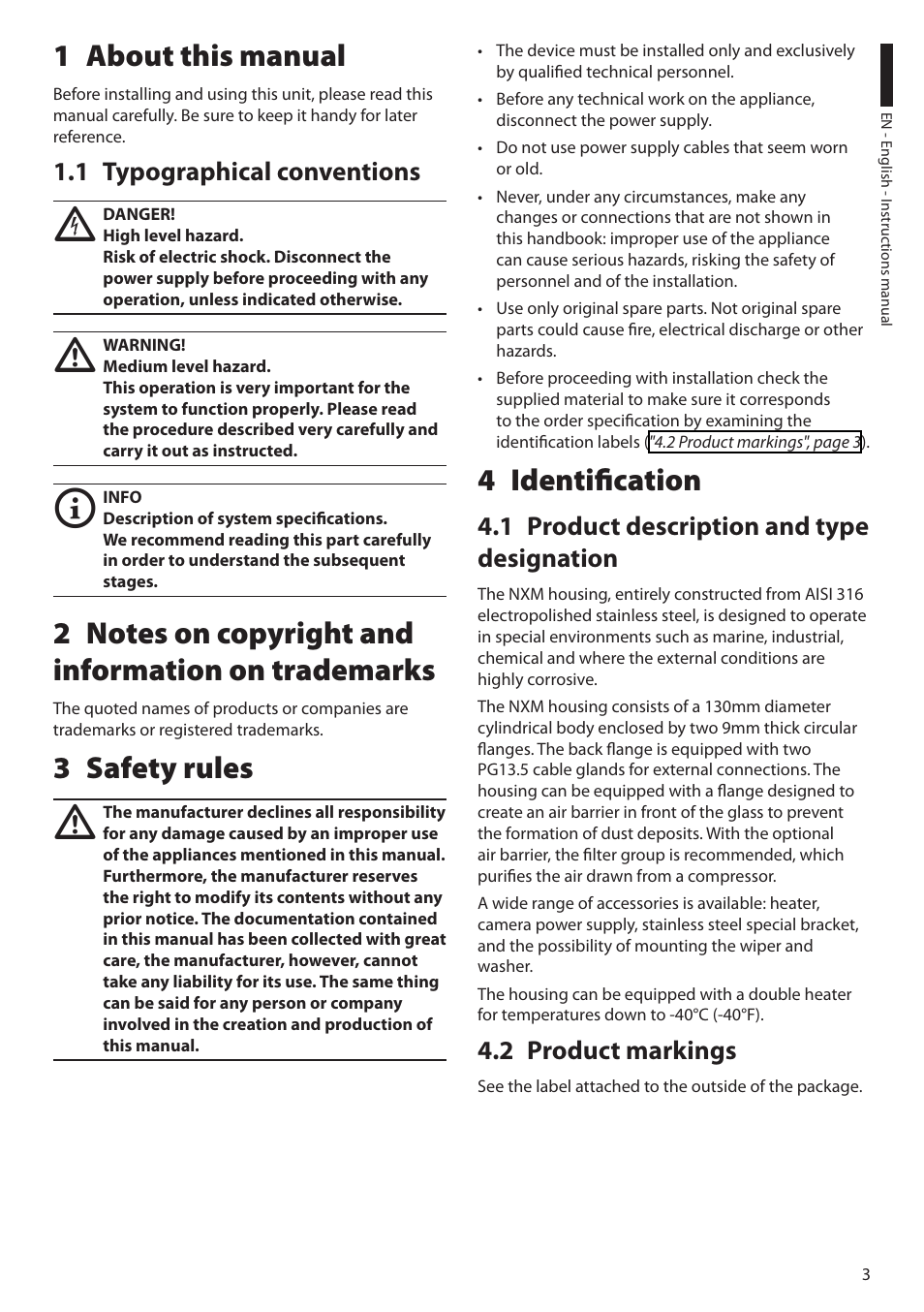 1 about this manual, 1 typographical conventions, 2 notes on copyright and information on trademarks | 3 safety rules, 4 identification, 1 product description and type designation, 2 product markings | Videotec NXM User Manual | Page 5 / 36