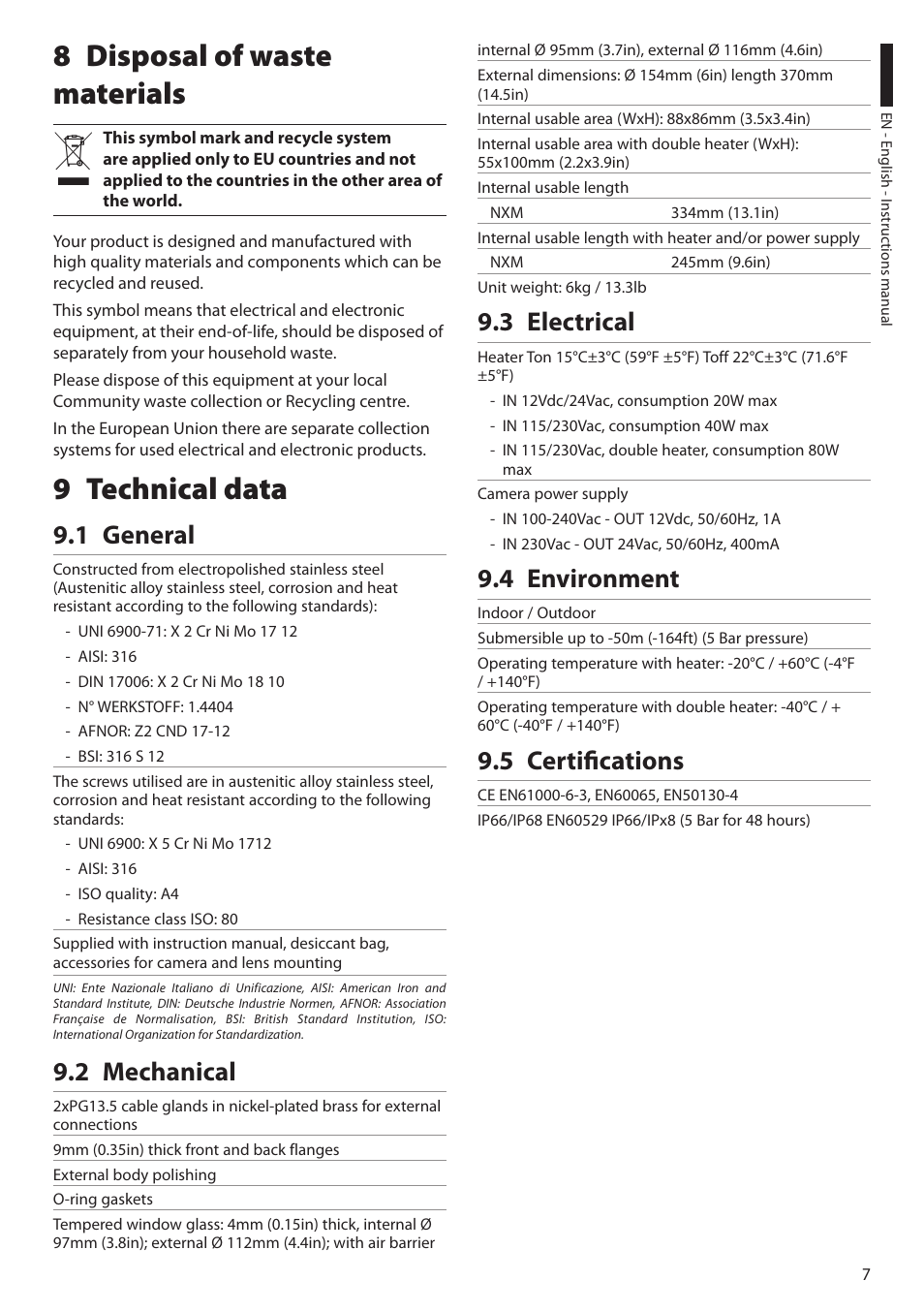 8 disposal of waste materials, 9 technical data, 1 general | 2 mechanical, 3 electrical, 4 environment, 5 certifications, 8 disposal of waste materials 9 technical data | Videotec NXM User Manual | Page 9 / 36