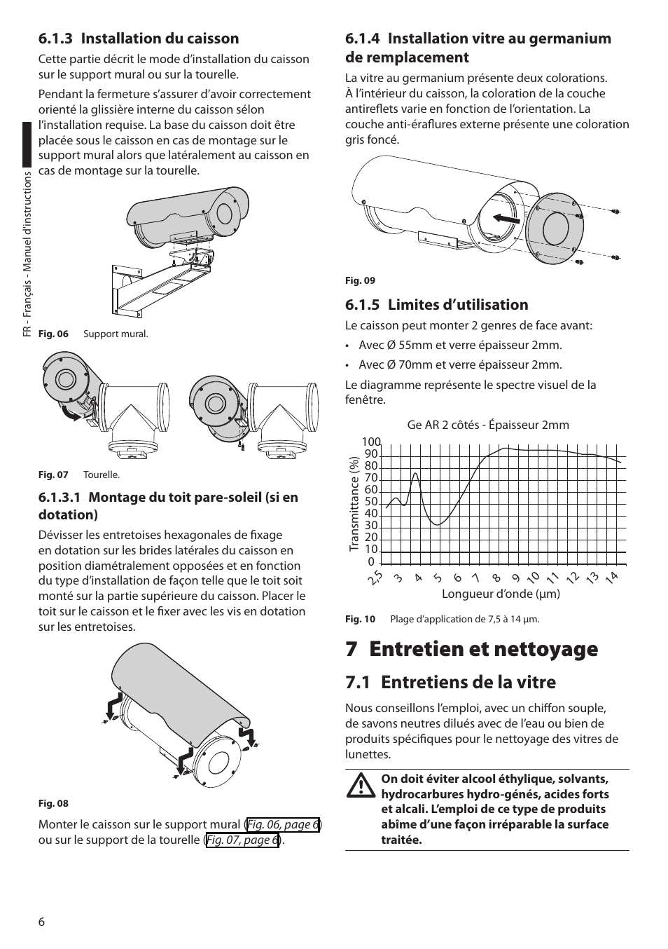 3 installation du caisson, 1 montage du toit pare-soleil (si en dotation), 4 installation vitre au germanium de remplacement | 5 limites d’utilisation, 7 entretien et nettoyage, 1 entretiens de la vitre | Videotec NTM User Manual | Page 24 / 36