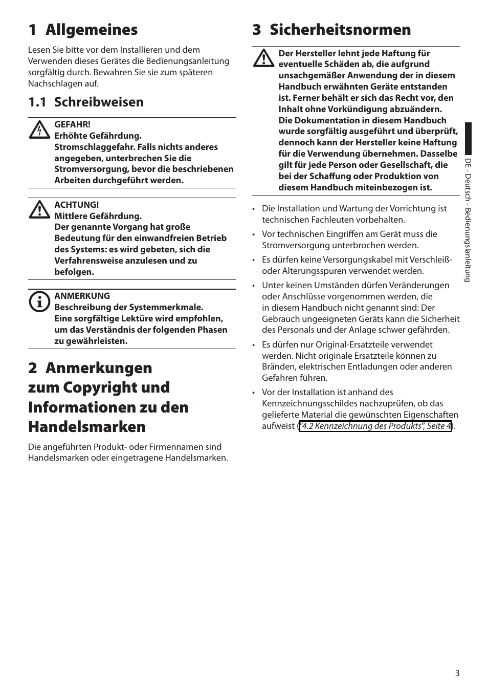 1 allgemeines, 1 schreibweisen, 3 sicherheitsnormen | Videotec NTM User Manual | Page 29 / 36