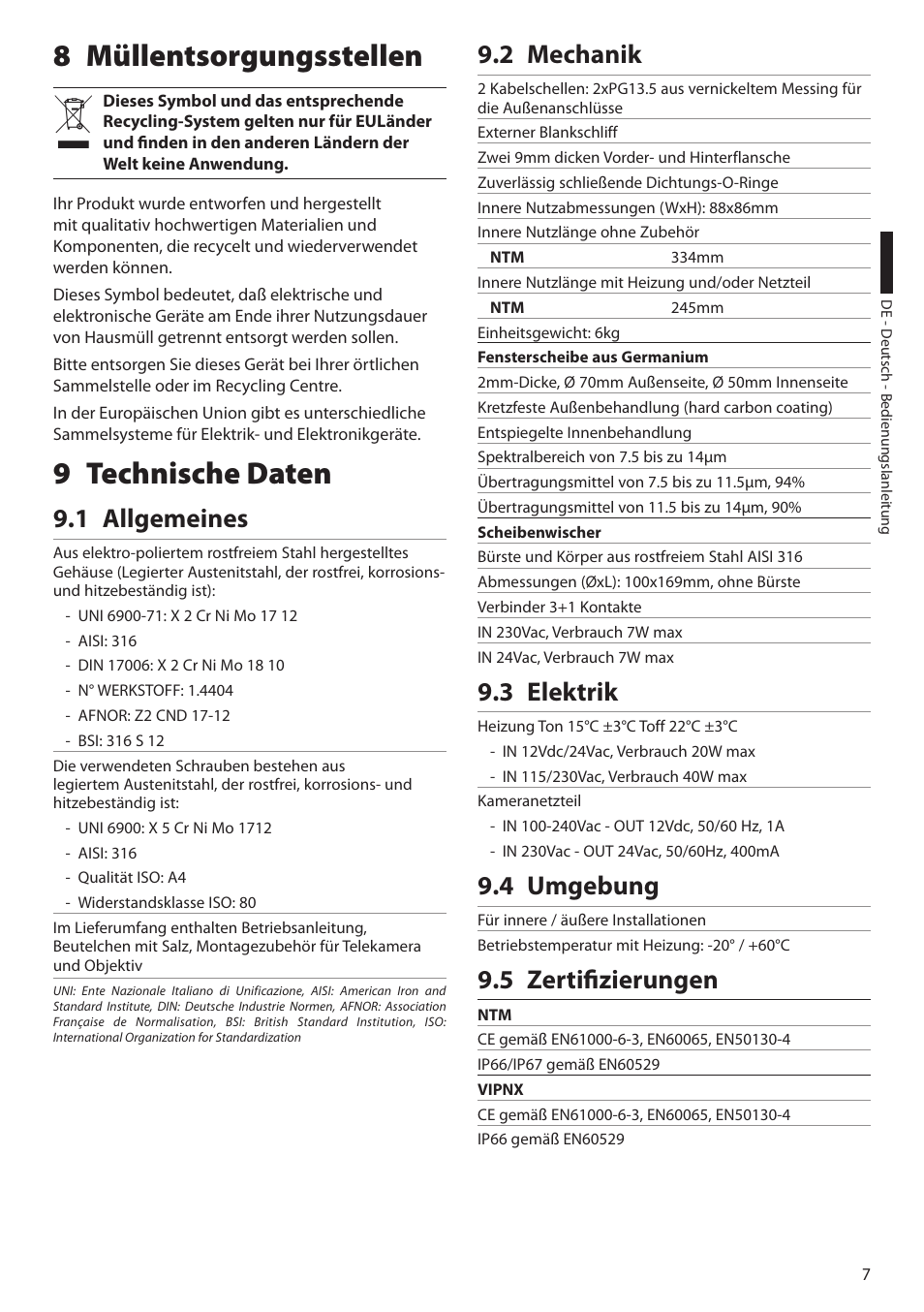 8 müllentsorgungsstellen, 9 technische daten, 1 allgemeines | 2 mechanik, 3 elektrik, 4 umgebung, 5 zertifizierungen, 8 müllentsorgungsstellen 9 technische daten | Videotec NTM User Manual | Page 33 / 36