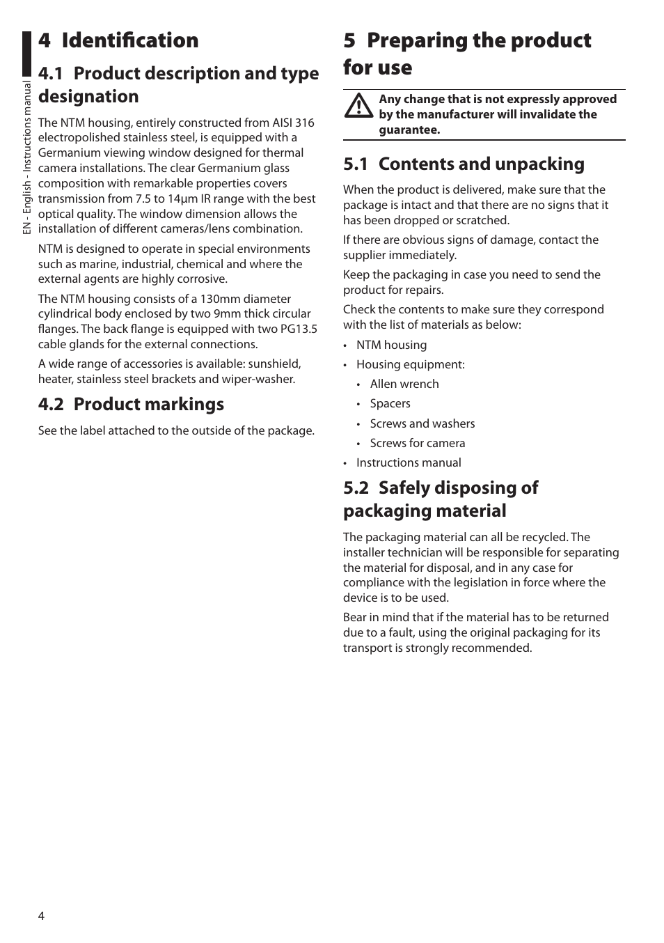 4 identification, 1 product description and type designation, 2 product markings | 5 preparing the product for use, 1 contents and unpacking, 2 safely disposing of packaging material | Videotec NTM User Manual | Page 6 / 36