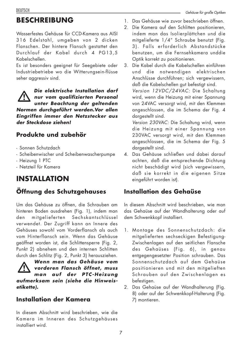Beschreibung, Installation | Videotec NXL User Manual | Page 9 / 16