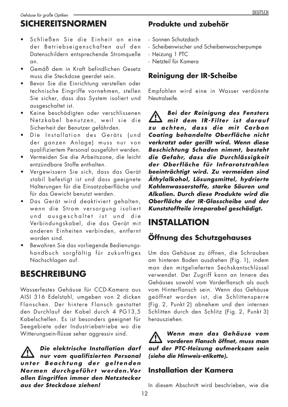 Sichereitsnormen, Beschreibung, Installation | Videotec NTL User Manual | Page 12 / 20
