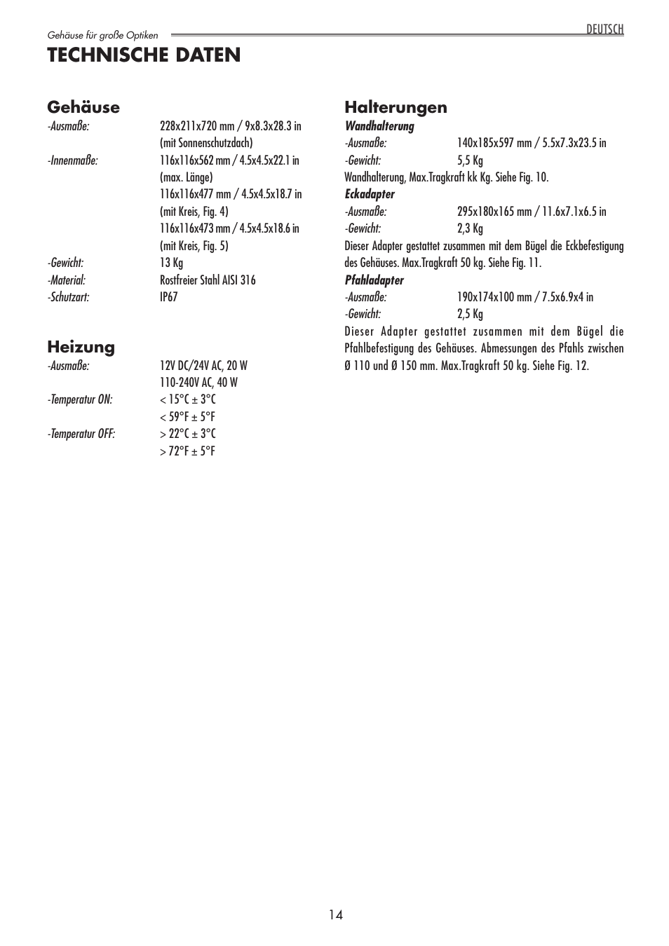 Technische daten, Gehäuse, Heizung | Halterungen | Videotec NTL User Manual | Page 14 / 20