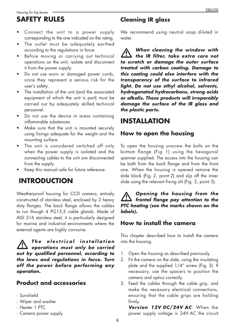 Safety rules, Introduction, Installation | Videotec NTL User Manual | Page 6 / 20