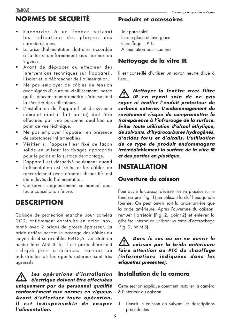 Normes de securité, Description, Installation | Videotec NTL User Manual | Page 9 / 20