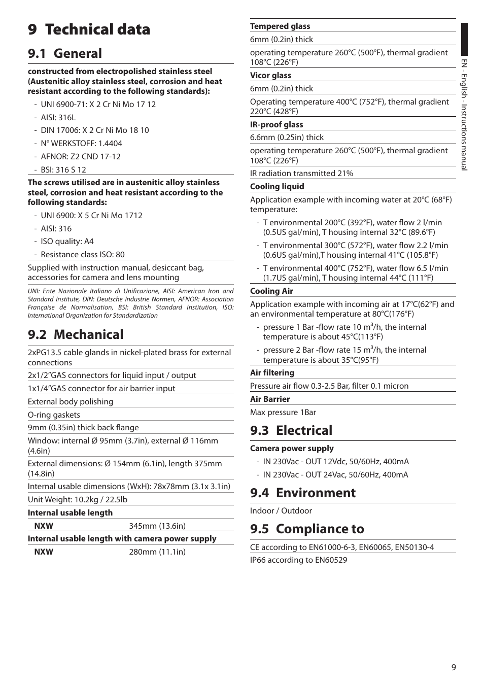 9 technical data, 1 general, 2 mechanical | 3 electrical, 4 environment, 5 compliance to | Videotec NXW User Manual | Page 11 / 44