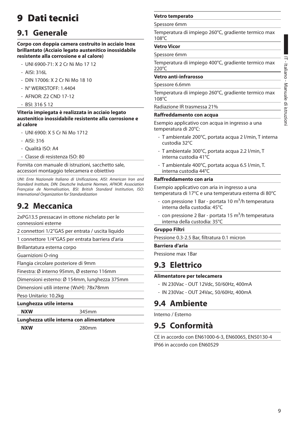 9 dati tecnici, 1 generale, 2 meccanica | 3 elettrico, 4 ambiente, 5 conformità | Videotec NXW User Manual | Page 21 / 44