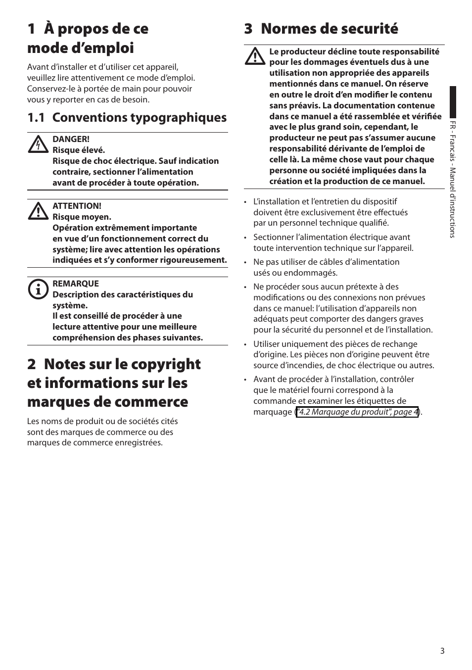 1 à propos de ce mode d’emploi, 1 conventions typographiques, 3 normes de securité | Videotec NXW User Manual | Page 25 / 44