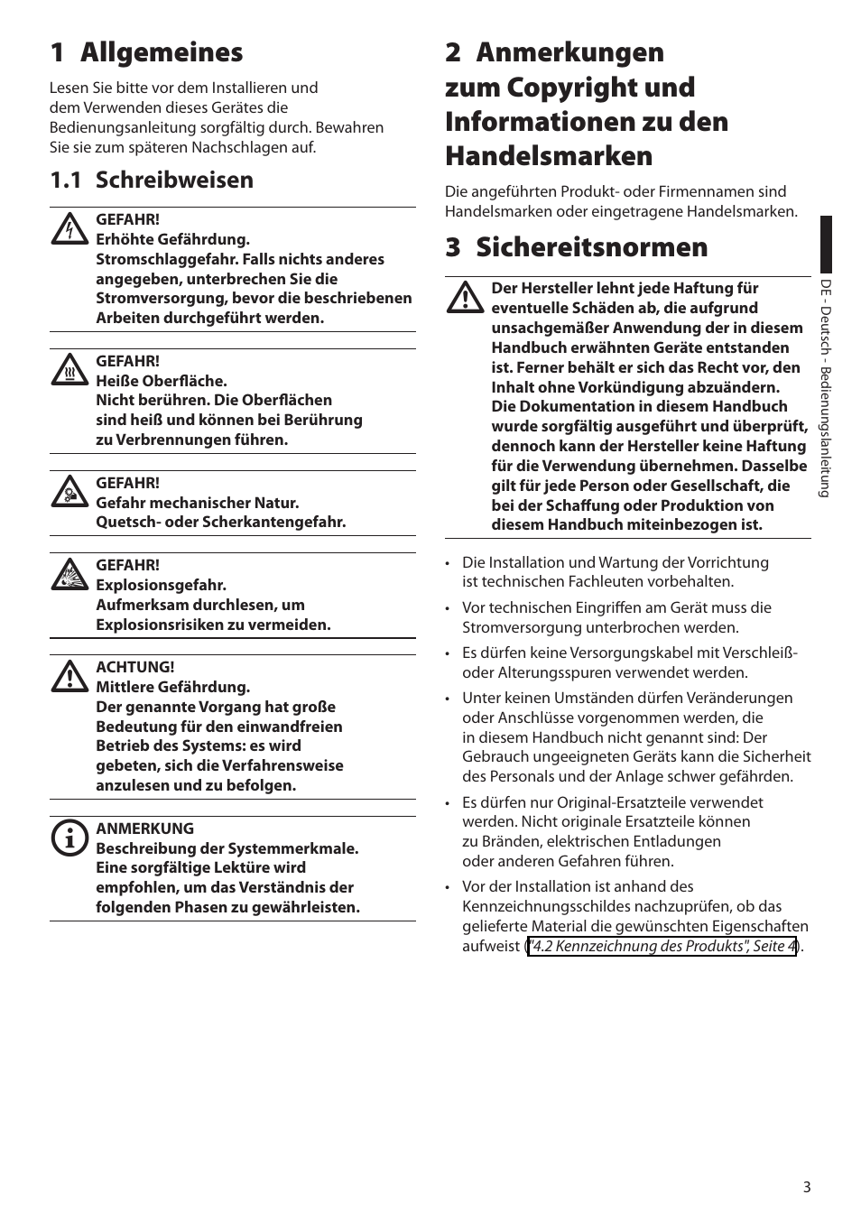 1 allgemeines, 1 schreibweisen, 3 sichereitsnormen | Videotec NXW User Manual | Page 35 / 44